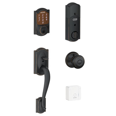 Sense Aged Bronze Camelot Trim Smart Deadbolt and Front Entry Handle Georgian Knob with Wi-fi Adapter Bundle - Super Arbor