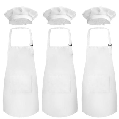 18 in. x 23.5 in. Kid's Apron with Chef Hat Set (3 Set) - Skin-Friendly Children's Bib with Pocket - (White) - Super Arbor