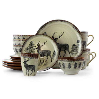 Majestic Elk 16-Piece Seasonal Taupe Stoneware Dinnerware Set (Service for 4) - Super Arbor