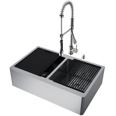 All-in-One Flat Farmhouse Apron Oxford Stainless Steel 33 in. Double-Bowl Kitchen Sink Workstation with Zurich Faucet - Super Arbor