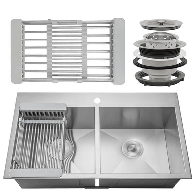 Drop-in Stainless Steel 33 in. x 22 in. 1-Hole 50/50 Double Bowl Kitchen Sink with Drying Rack - Super Arbor