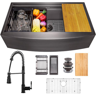 All-in-One Matte Black Finished Stainless Steel 33 in. x 22 in. Farmhouse Apron Mount Kitchen Sink with Faucet - Super Arbor