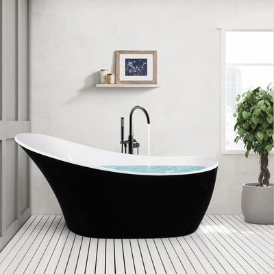 63 in. Glossy Black Acrylic Tub for Bathtub with Tub Filler combo - Modern Flat Bottom Stand Alone Tub - Super Arbor