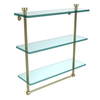 Foxtrot 16 in. L  x 18 in. H  x 5 in. W 3-Tier Clear Glass Bathroom Shelf with Towel Bar in Satin Brass - Super Arbor