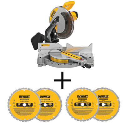 15 Amp Corded 12 in. Compound Single Bevel Miter Saw with 12 in. Miter Saw Blade 32-Teeth and 80-Teeth (4-Pack) - Super Arbor