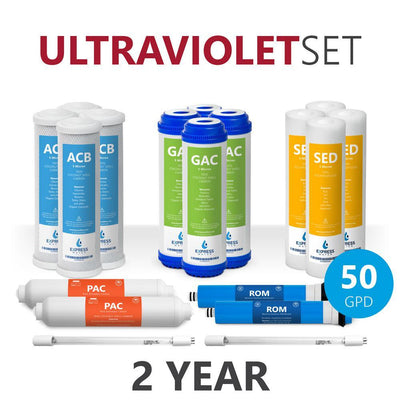 Express Water – 2 Year Ultraviolet Reverse Osmosis System Replacement Filter Set – 18 Filters with 50 GPD RO Membrane - Super Arbor