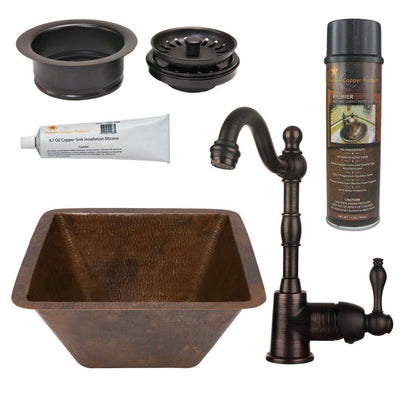 All-in-One Dual Mount Copper 15 in. Square Bar/Prep Sink with Faucet and Garbage Disposal Drain in Oil Rubbed Bronze - Super Arbor