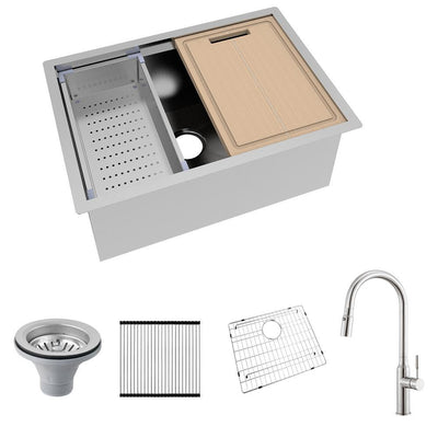 All-in-One Undermount Stainless Steel 27 in. Single Bowl Kitchen Workstation Sink with Faucet and Accessories Kit - Super Arbor