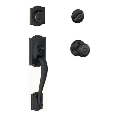 Camelot Aged Bronze Single Cylinder Deadbolt with Georgian Knob Door Handleset - Super Arbor