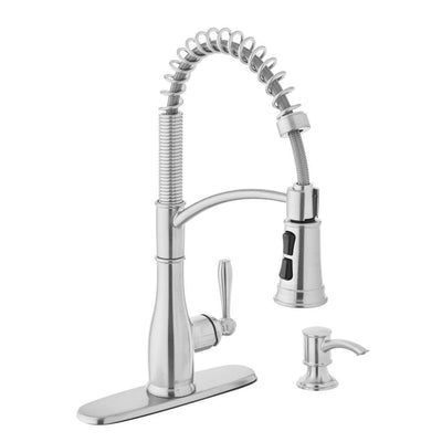 Mandouri Single-Handle Spring Pull Down Kitchen Faucet with TurboSpray, FastMount and Soap Dispenser in Stainless Steel - Super Arbor