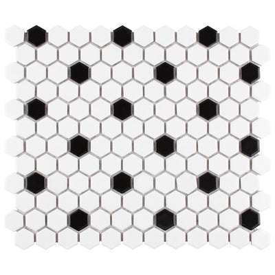 Merola Tile Madison Hex Matte 11-7/8 in. x 10-1/4 in. x 6mm Cool White with Black Dot Porcelain Mosaic Tile