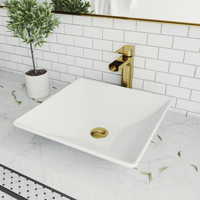 Hibiscus Matte Stone Vessel Bathroom Sink in White with Amada Faucet in Matte Gold - Super Arbor