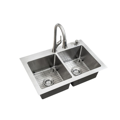 All-in-One Dual Mount Stainless Steel 33 in. 2-Hole 50/50 Double Bowl Kitchen Sink in Brushed Finish - Super Arbor