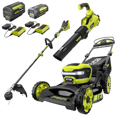 RYOBI 21 in. 40-Volt Brushless Walk Behind Self-Propelled Mower, String Trimmer, Leaf Blower w/ 7.5 Ah, 4.0 Ah Battery/Charger