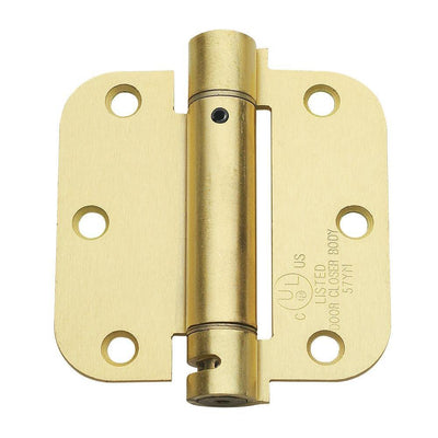 3.5 in. x 3.5 in. Satin Brass Steel Spring Hinge with 5/8 in. Radius (Set of 2) - Super Arbor