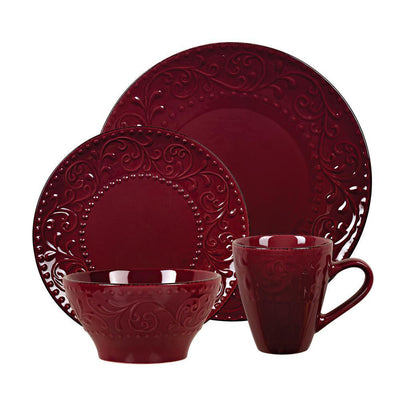 16-Piece Lorren Home Stoneware Scroll Dinnerware Set-Merlot - Super Arbor