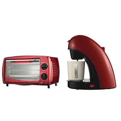 700-Watt Red Toaster Oven and Broiler with Red Single-Serve Coffee Maker and Mug - Super Arbor