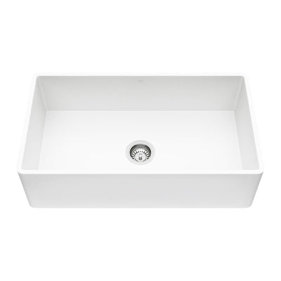Matte Stone White Composite 33 in. Single Bowl Reversible Flat Farmhouse Apron-Front Kitchen Sink with Strainer - Super Arbor