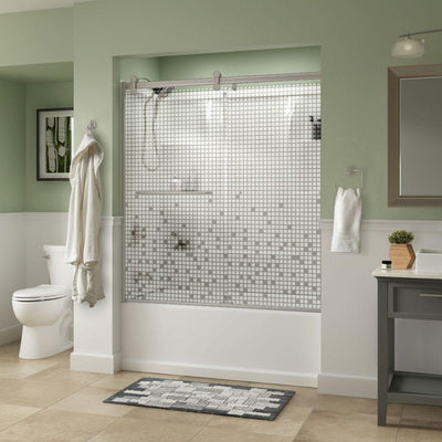 Simplicity 60 x 58-3/4 in. Frameless Contemporary Sliding Bathtub Door in Nickel with Mozaic Glass - Super Arbor