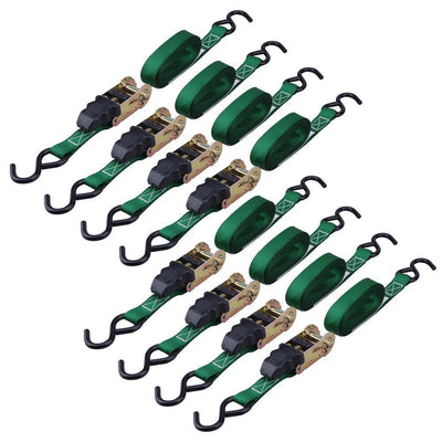 15 ft. x 1 in. Ratchet Tie-Down Strap with 500 lb. Work Load Capacity and Vinyl Covered S-Hook in Green (8-Pack) - Super Arbor