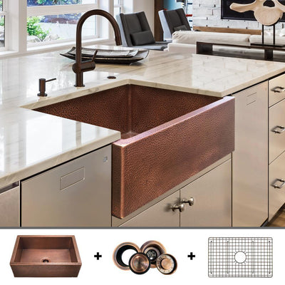 Luxury 30 in. Heavy 12-Gauge Copper Farmhouse Kitchen Sink, Flat Front, Single Bowl, Includes Grid and Flange - Super Arbor