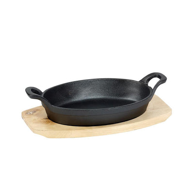 2-Piece Oval Sizzler Set 9 in. Pre-Seasoned Cast Iron w/ Wood Trivet - Super Arbor