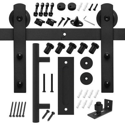 6.6 ft./79 in. Black Steel Straight Strap Sliding Barn Door Track and Hardware Kit w/12 in. Ladder Pull and Flush Handle - Super Arbor