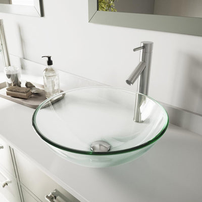 VIGO Glass Vessel Bathroom Sink in Clear Crystalline and Dior Vessel Faucet Set in Brushed Nickel - Super Arbor