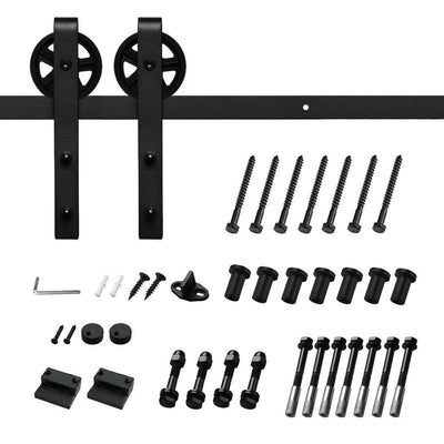 12 ft./144 in. Black Sliding Barn Door Track and Hardware Kit with Bigwheel J Shape Hanger for Single Door - Super Arbor