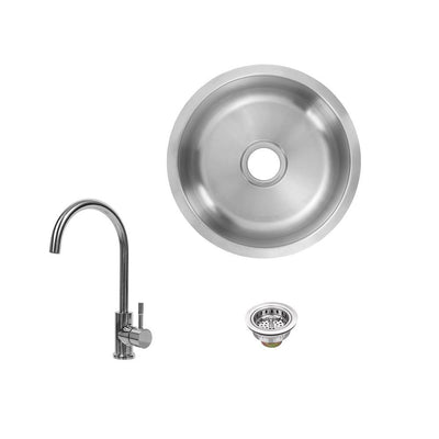 All-in-1 Undermount 18-Gauge Stainless Steel 16 in. 0-Hole Round Single Bowl Bar Sink with Gooseneck Kitchen Faucet - Super Arbor