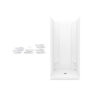 STORE+ 36 in. x 34 in. Single Threshold Center Drain Shower Base with Shower Walls and 10-Piece Accessory Kit in White - Super Arbor