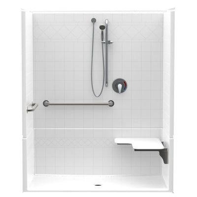Accessible Diagonal Tile AcrylX 60 in. x 34 in. x 75.5 in. 4-Piece ADA Shower Stall w/ Right Seat and Grab Bars in White - Super Arbor
