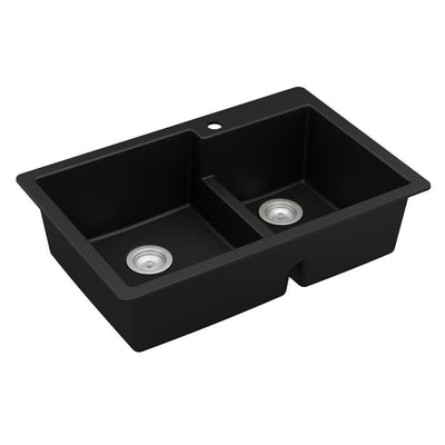 Black Quartz 33 in. 60/40 Double Bowl Composite Drop-in Kitchen Sink - Super Arbor