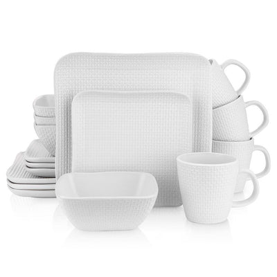 Stone Lain 32 Piece Stoneware Square Weave Dinnerware Set, Service for 8, White - Super Arbor