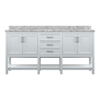 Everett 72 in. W x 22 in. D Vanity Cabinet in White with Carrara Marble Vanity Top in White with White Basins - Super Arbor