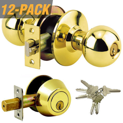 Brass Grade 3 Combo Lock Set with Entry Door Knob and Deadbolt, 72 SC1 Keys Total, (12-Pack, Keyed Alike) - Super Arbor