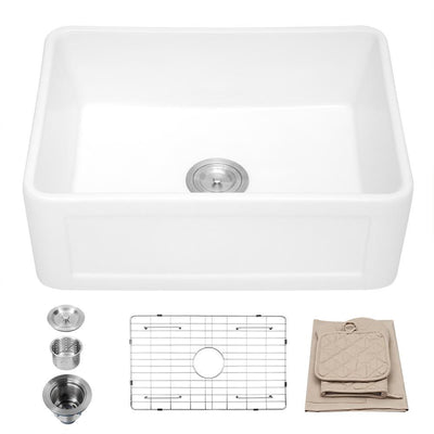 Fireclay 24 in. Single Bowl Farmhouse/ Apron-Front Porcelain Ceramic Kitchen Sink in White - Super Arbor