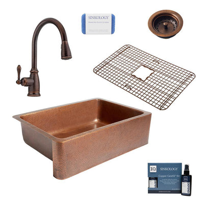 Adams All-In-One Farmhouse Copper 33 in. Single Bowl Kitchen Sink with Pfister Bronze Pull Down Faucet and Drain - Super Arbor