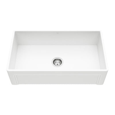 Matte Stone White Composite 33 in. Single Bowl Reversible Casement Farmhouse Apron-Front Kitchen Sink with Strainer - Super Arbor