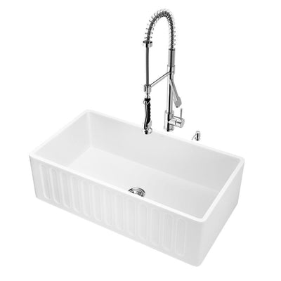 Matte Stone White Composite 33 in. Single Bowl Slotted Farmhouse Apron-Front Kitchen Sink with Faucet and Accessories - Super Arbor