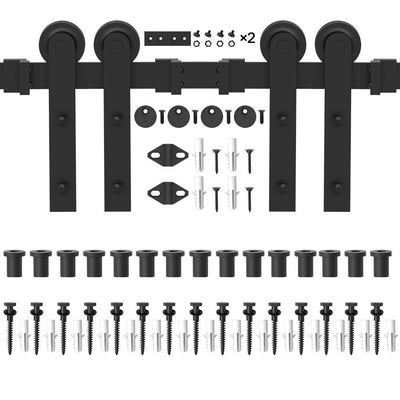 18 ft./216 in. Frosted Black Strap Sliding Barn Door Track Hardware Kit for Double Wood Doors Non-Routed Floor Guide - Super Arbor