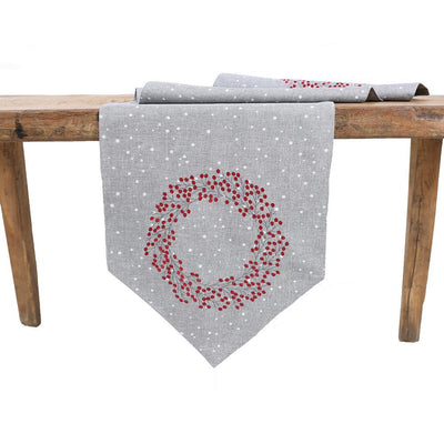 16 in. x 36 in. Holly Berry Wreath Embroidered Christmas Table Runner, Gray - Super Arbor