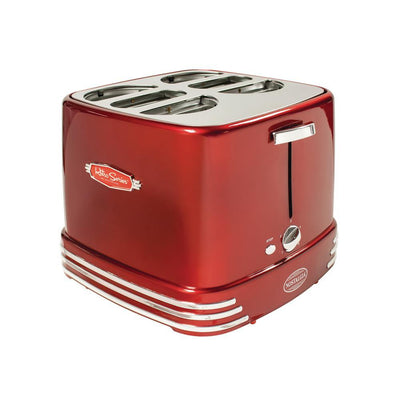 Retro Series 4-Slice Red Hot Dog and Bun Toaster with Crumb Tray and Mini Tongs - Super Arbor