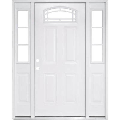 68 in. x 80 in. Camber Top White Left-Hand 14 in. 3-Lite Sidelites Primed Steel Prehung Front Door with 4-9/16 in. Frame - Super Arbor