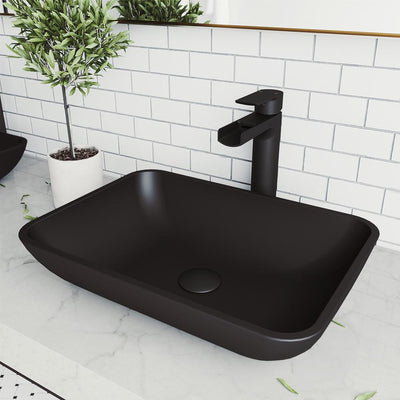 VIGO Sottile Glass Vessel Bathroom Sink in Black with Amada Faucet in Matte Black - Super Arbor