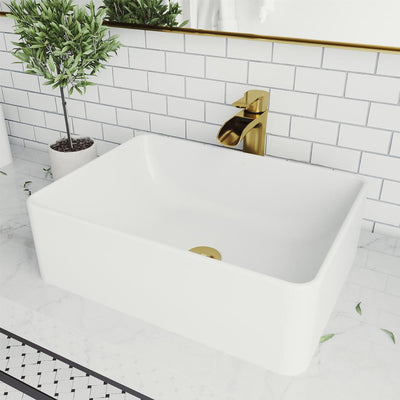 VIGO Amaryllis Matte Stone Vessel Bathroom Sink in White with Niko Faucet in Matte Gold - Super Arbor