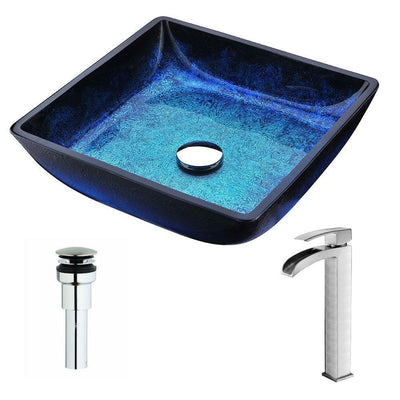 Viace Series Deco-Glass Vessel Sink in Blazing Blue with Key Faucet in Brushed Nickel - Super Arbor