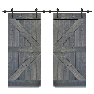 K Series 36 in. x 84 in. Gray Stained Solid Knotty Pine Wood Double Interior Sliding Barn Doors with Hardware Kit - Super Arbor
