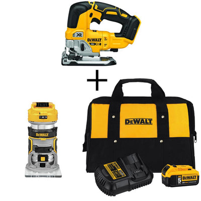 20-Volt MAX Li-Ion Cordless Brushless Jigsaw (Tool-Only) with Brushless Router (Tool-Only), Battery 5Ah, Charger and Bag - Super Arbor