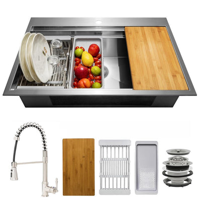 Handmade All-in-One Topmount Stainless Steel 32 in. x 22 in. Single Bowl Kitchen Sink w/ Spring Neck Faucet, Accessory - Super Arbor